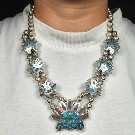 19" Vintage Navajo sterling silver turquoise chip inlay squash blossom necklace