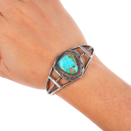 6" Vintage Navajo sterling silver turquoise cuff bracelet rope bezel