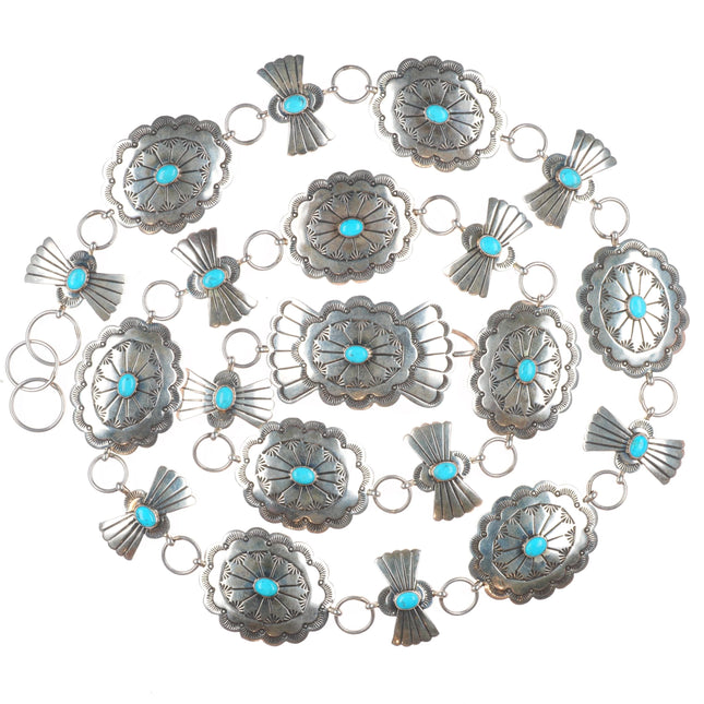 44" Lee Charley Navajo sterling silver/turquoise deep stamped link concho belt