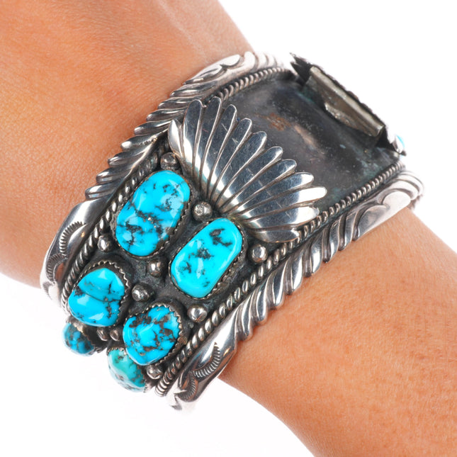 7.4" Roanhorse Navajo sterling silver turquoise cluster watch cuff bracelet