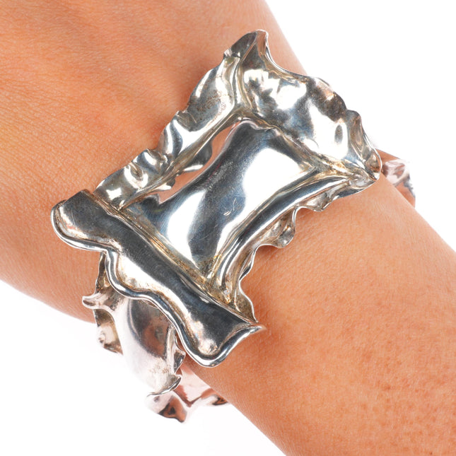 6.5" William and Shellie sterling silver brutalist hinged bangle bracelet