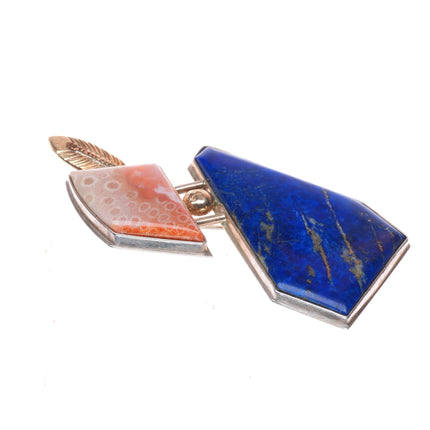 Buddy Lee Mossman Choctaw 14k gold, sterling silver lapis, fossilized coral pin