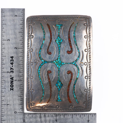 Vintage Navajo sterling silver turquoise chip inlay belt buckle KL