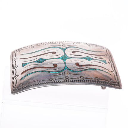 Vintage Navajo sterling silver turquoise chip inlay belt buckle KL