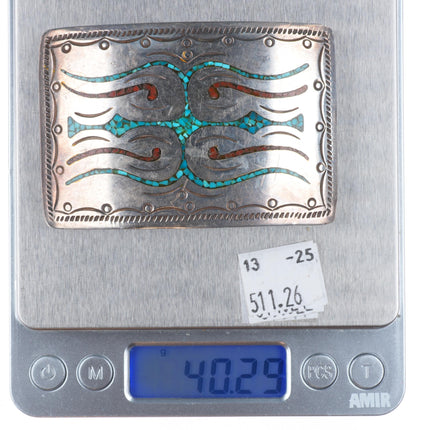 Vintage Navajo sterling silver turquoise chip inlay belt buckle KL