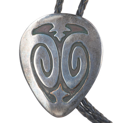 c1970 Navajo Vintage sterling silver large bolo tie in overlay style