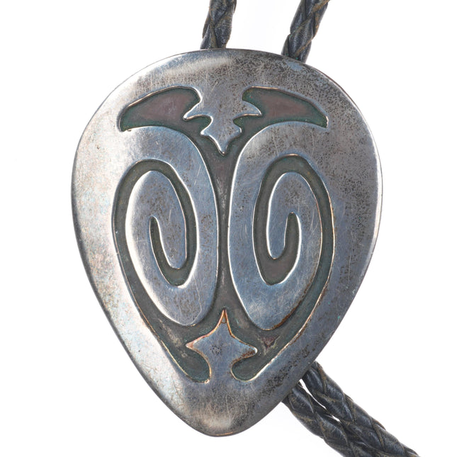c1970 Navajo Vintage sterling silver large bolo tie in overlay style