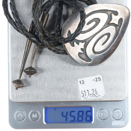 c1970 Navajo Vintage sterling silver large bolo tie in overlay style