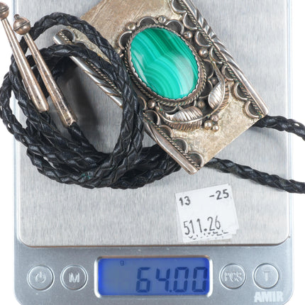 Big 1980's Vintage Navajo sterling silver malachite bolo tie