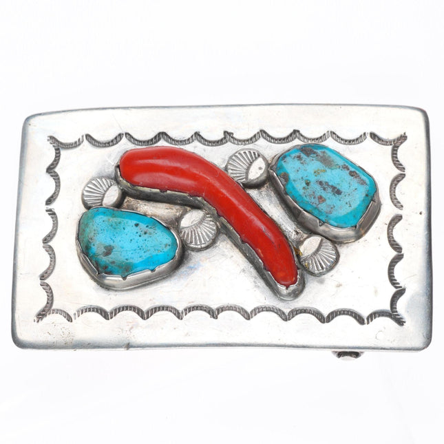 Vintage Zuni sterling silver, turquoise branch coral hand stamped belt buckle