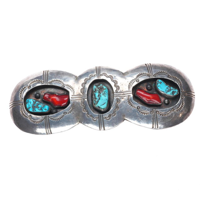 Huge vintage navajo sterling silver, turquoise/coral long shadowbox belt buckle