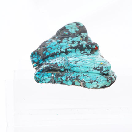 Big Southwestern spiderweb carved turquoise moth fetish inlaid coral/opal Zuni?