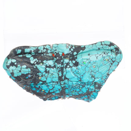 Big Southwestern spiderweb carved turquoise moth fetish inlaid coral/opal Zuni?