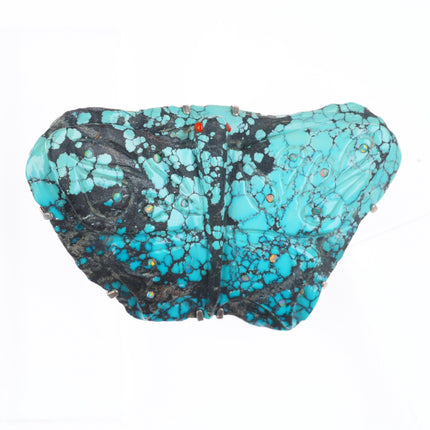 Big Southwestern spiderweb carved turquoise moth fetish inlaid coral/opal Zuni?