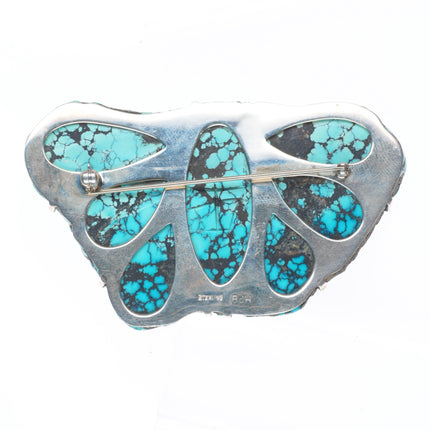 Big Southwestern spiderweb carved turquoise moth fetish inlaid coral/opal Zuni?