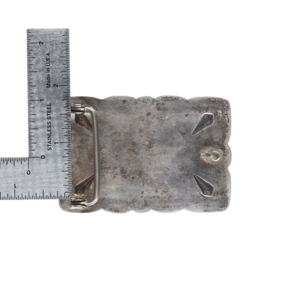 Vintage Navajo sterling silver hand stamped repousse belt buckle with turquoise