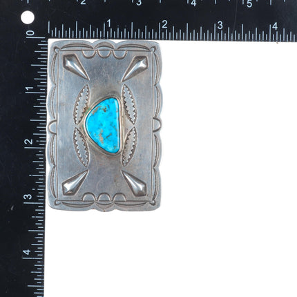 Vintage Navajo sterling silver hand stamped repousse belt buckle with turquoise