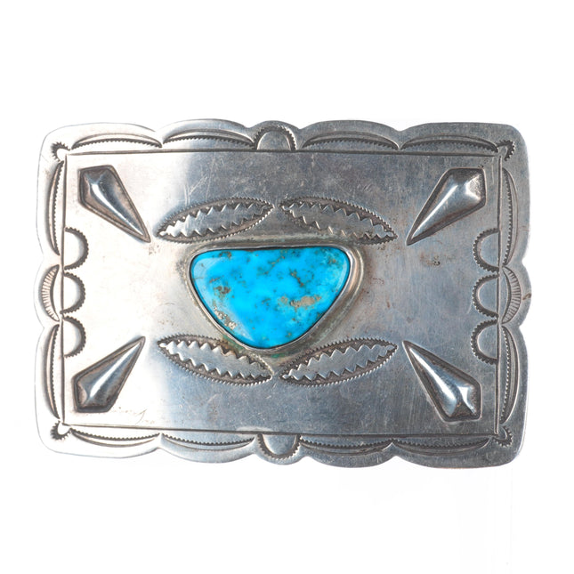 Vintage Navajo sterling silver hand stamped repousse belt buckle with turquoise