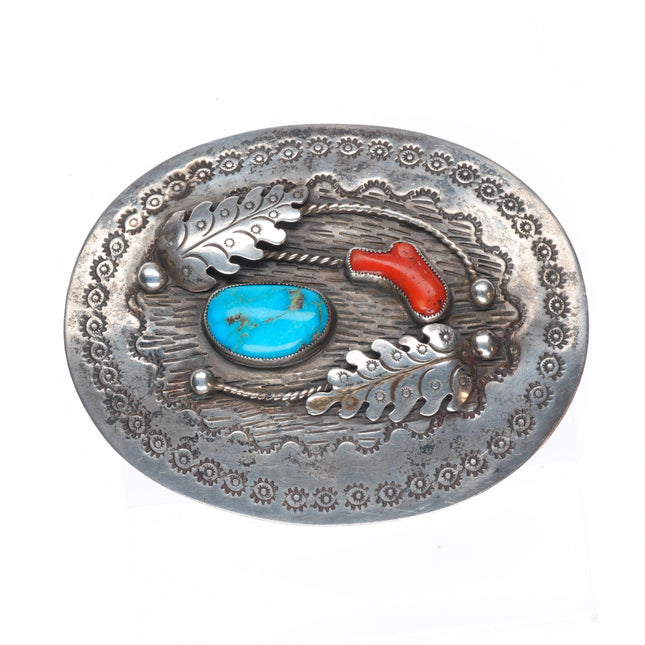Vintage Navajo sterling silver turquoise/coral feather applique belt buckle