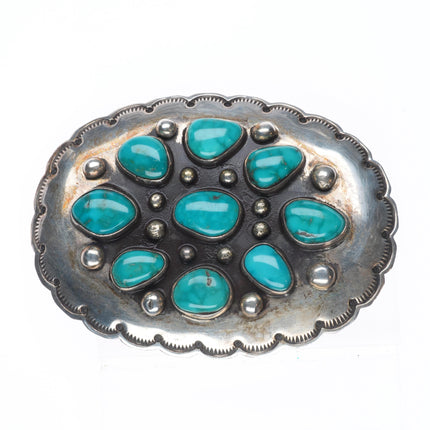 Big Vintage Navajo sterling silver high grade turquoise cluster belt buckle