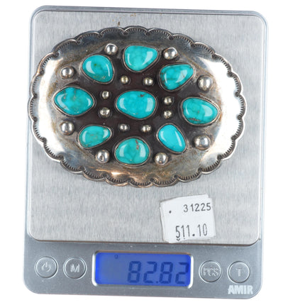 Big Vintage Navajo sterling silver high grade turquoise cluster belt buckle