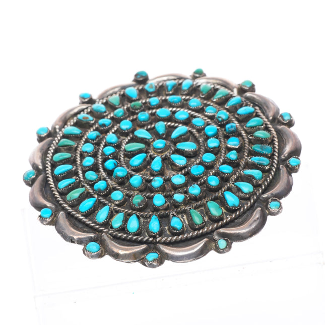 c1940's Big Zuni repousse sterling silver petit point turquoise pin/brooch