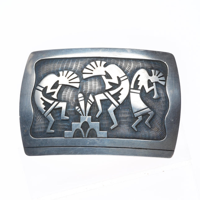 Trinidad Lucas Hopi Overlay Kokopelli fire dancers sterling silver belt buckle