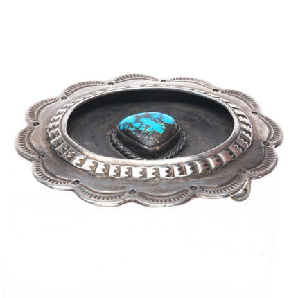 Vintage Navajo sterling silver shadowbox spiderweb turquoise belt buckle