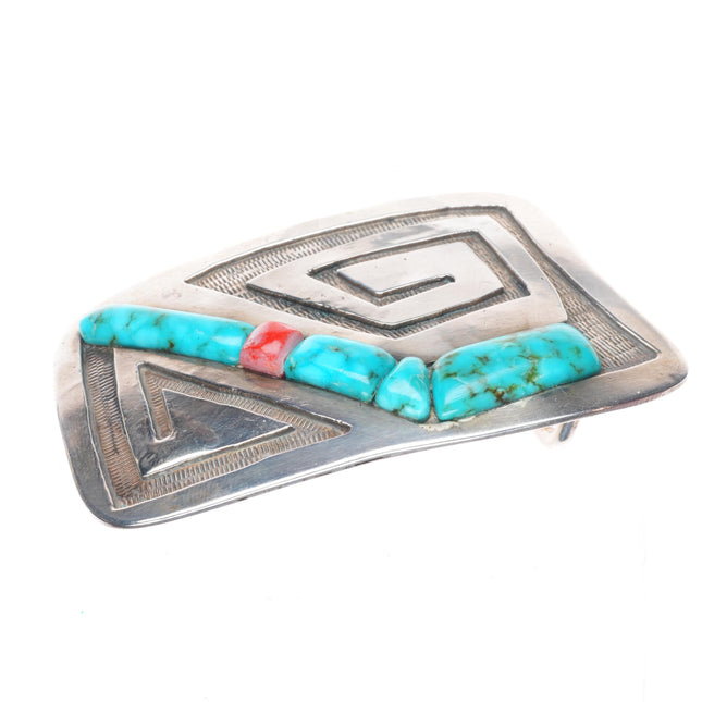 Vintage BA Southwestern sterling silver-turquoise, coral cobblestone belt buckle