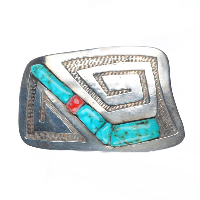 Vintage BA Southwestern sterling silver-turquoise, coral cobblestone belt buckle