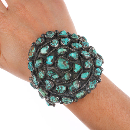 6.1" Vintage Zuni sterling silver turquoise nugget cluster cuff bracelet