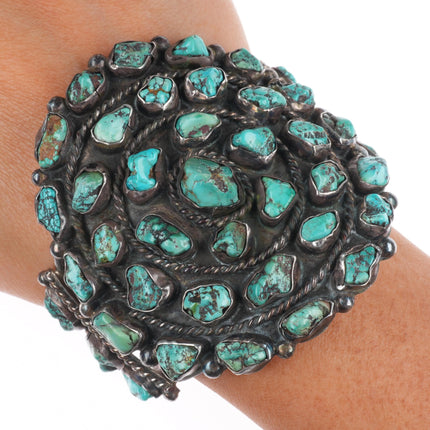 6.1" Vintage Zuni sterling silver turquoise nugget cluster cuff bracelet