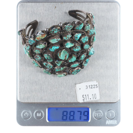 6.1" Vintage Zuni sterling silver turquoise nugget cluster cuff bracelet
