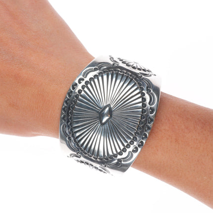 7.25" Kenny Bracken deep stamped southwestern sterling silver wide cuff bracelet