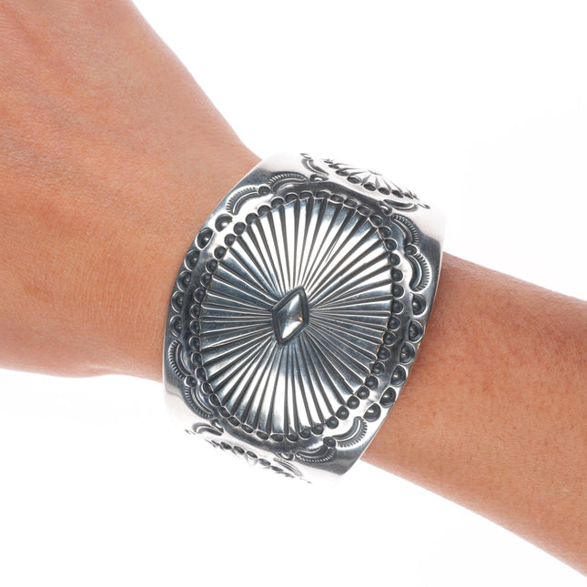 7.25" Kenny Bracken deep stamped southwestern sterling silver wide cuff bracelet