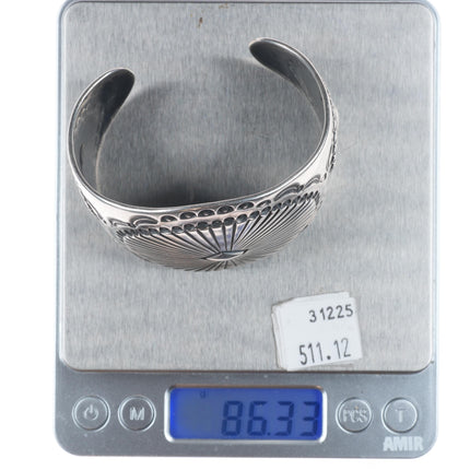 7.25" Kenny Bracken deep stamped southwestern sterling silver wide cuff bracelet