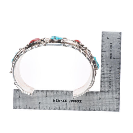 7.1" Victor Chee Navajo sterling silver turquoise/coral 80's cuff bracelet