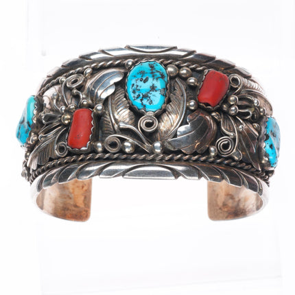 7.1" Victor Chee Navajo sterling silver turquoise/coral 80's cuff bracelet
