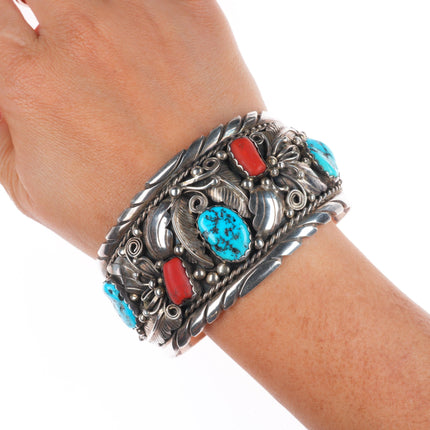 7.1" Victor Chee Navajo sterling silver turquoise/coral 80's cuff bracelet