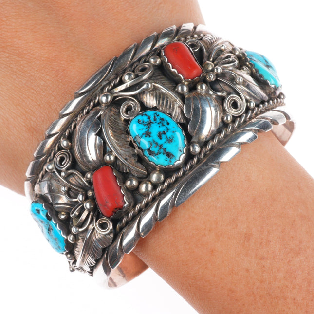 7.1" Victor Chee Navajo sterling silver turquoise/coral 80's cuff bracelet