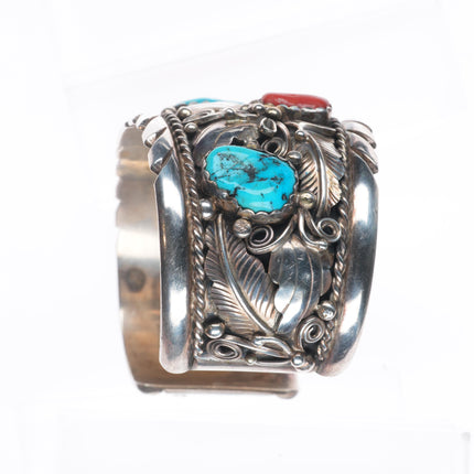 7.1" Victor Chee Navajo sterling silver turquoise/coral 80's cuff bracelet
