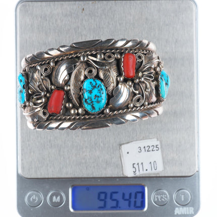 7.1" Victor Chee Navajo sterling silver turquoise/coral 80's cuff bracelet