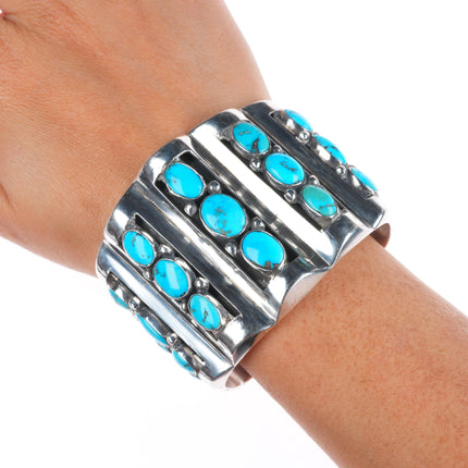 6.5" vintage southwestern modernist sterling silver turquoise row cuff bracelet