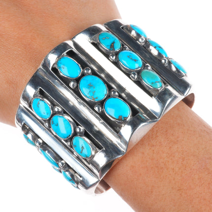 6.5" vintage southwestern modernist sterling silver turquoise row cuff bracelet