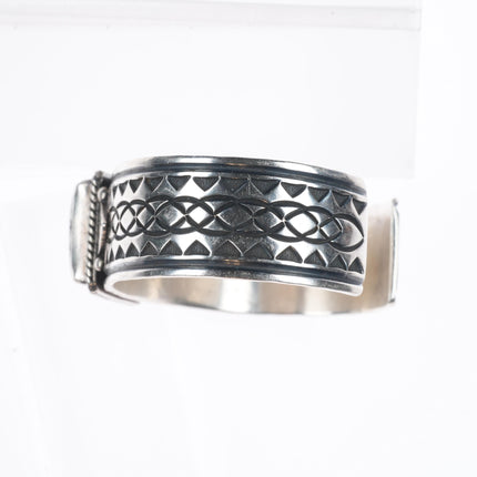 6.4" Albert Jake Navajo sterling silver White Buffalo deep stamped cuff bracelet
