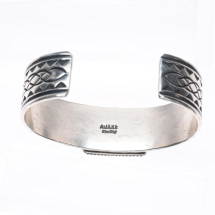6.4" Albert Jake Navajo sterling silver White Buffalo deep stamped cuff bracelet