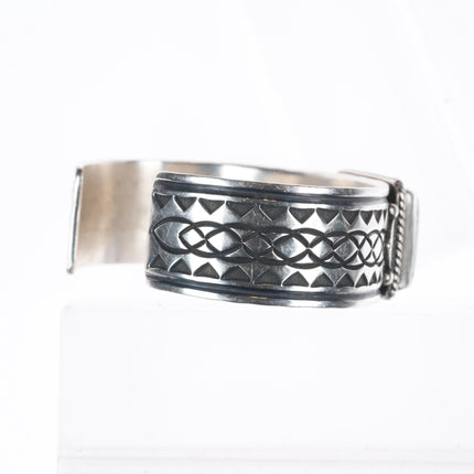 6.4" Albert Jake Navajo sterling silver White Buffalo deep stamped cuff bracelet