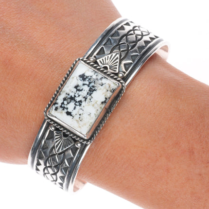 6.4" Albert Jake Navajo sterling silver White Buffalo deep stamped cuff bracelet