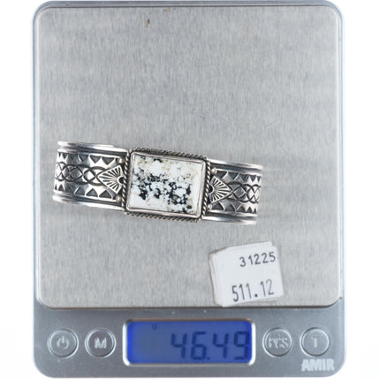 6.4" Albert Jake Navajo sterling silver White Buffalo deep stamped cuff bracelet