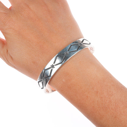 7" Nora Tahe Navajo deep stamped sterling silver sturdy stacker cuff bracelet